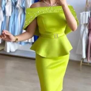 Elegant Women Party Evening Dress Sexy Nail Bead Green Off Shoulder Peplum Package Hip Christmas Birthday Event Dresses New