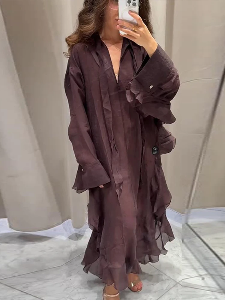 Layered Chic Women's Long Dress Elegant Loose Long Sleeve Maxi Dress Office Lady Vintage Summer V-neck Tierred Ruffles Robe - Image 5