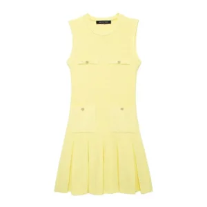 TRAFSHE Women Pale Yellow Knitted Pleated Dress Summer Fashion Pockets O-Neck Sleeveless A-line Mini Dress Official