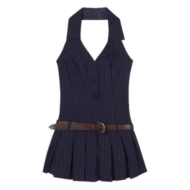 Spicy Girl Sleeveless V-Neck Halter Striped Mini Dress Summer Gored Skirt Backless Short A- Line Skirt Pure Desirable Fashion - Image 6