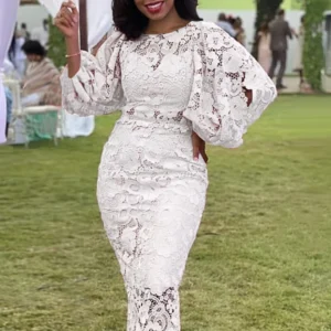 Lace Dresses for Women 2024 Summer Lantern Sleeve Midi Bodycon Pencil Dress Female Sexy Birthday Party Elegant Gowns with Sashes