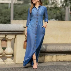 S31272177c56a4371966ca23e7a0171c3b.webp 2023 New Cross-Border Long Dress Shirt Collar-Pocket Big Skirt Plus Size Casual Denim Dress Q327