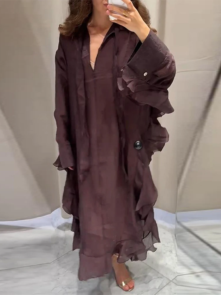 Layered Chic Women's Long Dress Elegant Loose Long Sleeve Maxi Dress Office Lady Vintage Summer V-neck Tierred Ruffles Robe - Image 3