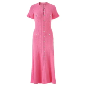 Korean Fashion Women's Solid Round Neck Hollow Out Short Sleeved Knitting Dress Summer Single Breasted Office Long Dress Casual