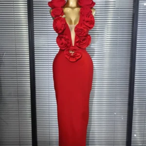 Red Color Women Sexy Sleeveless Florals V-Neck Bodycon Bandage Long Dress Celebrate Birthday Wedding Party Outfit Wholesale