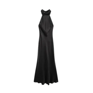 TRZA-Women's Long Satin Halter Dress, Backless, Bow Tied, Back Zipper, Female Dresses, Sexy Fashion