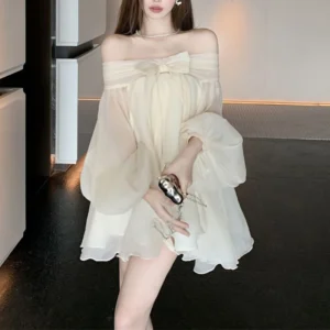 Women Sexy Off Shoulder Bow Cute Sweet Harajuku Fairy Mini Dress Y2K Korean Solid Long Sleeve Loose Irregular Dresses Vestidos
