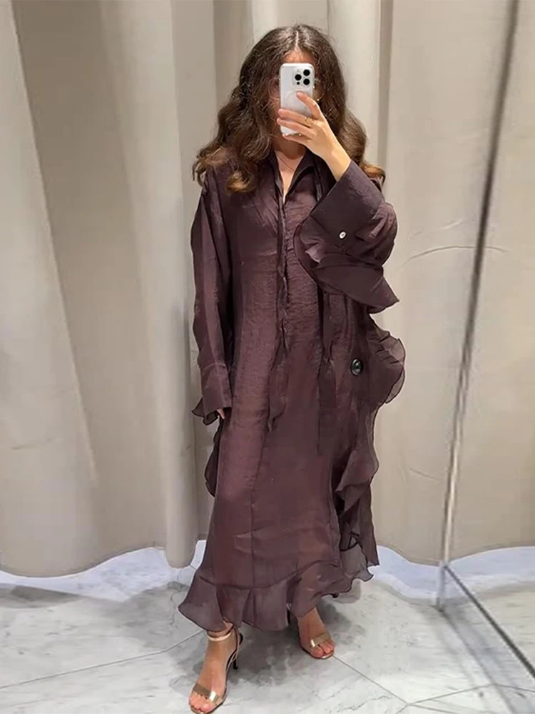 Layered Chic Women's Long Dress Elegant Loose Long Sleeve Maxi Dress Office Lady Vintage Summer V-neck Tierred Ruffles Robe - Image 6
