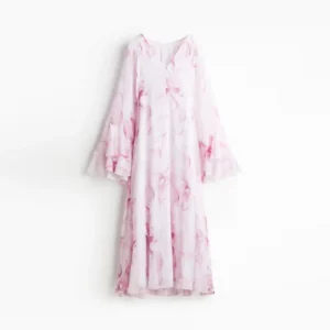 Elegant Printed Ruffles Dress Women Loose Pleated V-neck Flare Sleeve A-line Long Dresses 2025 Summer Chic Vacation Robes Lady