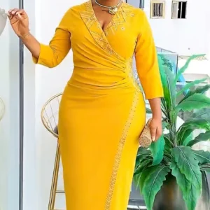 Yellow Badycon Women Long Dresses for Evening Party Diamonds Mid Calf Notched Three Quarter Sexy Asymmetrical Dress 2025