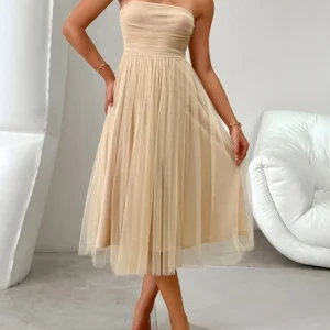 Elegant Strapless Dresses for Ladies Sleeveless Tulle A Line Off The Shoulder High Waist Wedding Guest Bridesmaid Evening Dress
