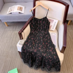 Plus-size Women's Summer Casual Commute Loose Comfortable Slip dress Black chiffon print with A-line lining mid-length dress big