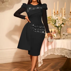 Orange Midi Party Dresses for Women O Neck Beaded Lace Long Sleeve Patchwork Slim Fit High Waist Evening Event Gowns Dress