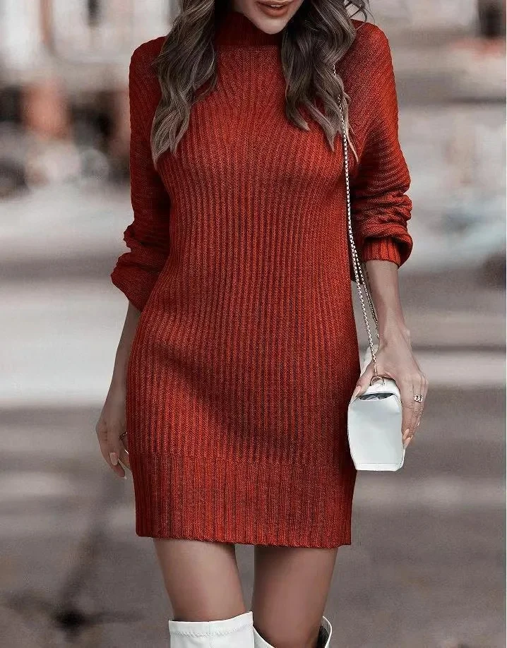 High Neck Long Sleeve Women's Knitted Dress Sweater Autumn Winter New Style Cross-Border Fashion Elegant Classy Female Garment - Image 8