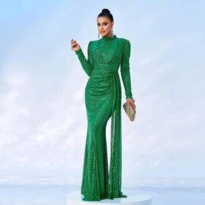 Sexy Women Dresses O-Neck Sequined Floor Length Long Sleeves Temperament Fitted Bridesmaid Dresses Evening Party Dresses