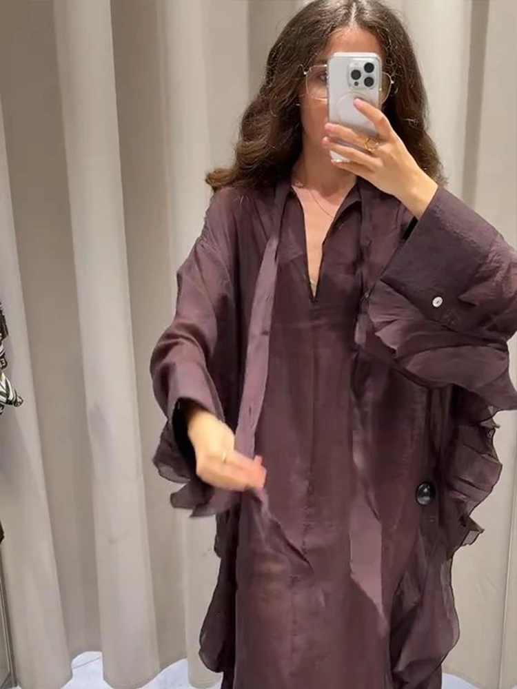 Layered Chic Women's Long Dress Elegant Loose Long Sleeve Maxi Dress Office Lady Vintage Summer V-neck Tierred Ruffles Robe - Image 4