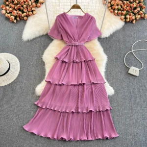 Yellow Women's Beach Dress For Girls Summer Elegant Short Sleeve V-Neck Irregular Sundress Boho Vintage Pleated Long Dresses