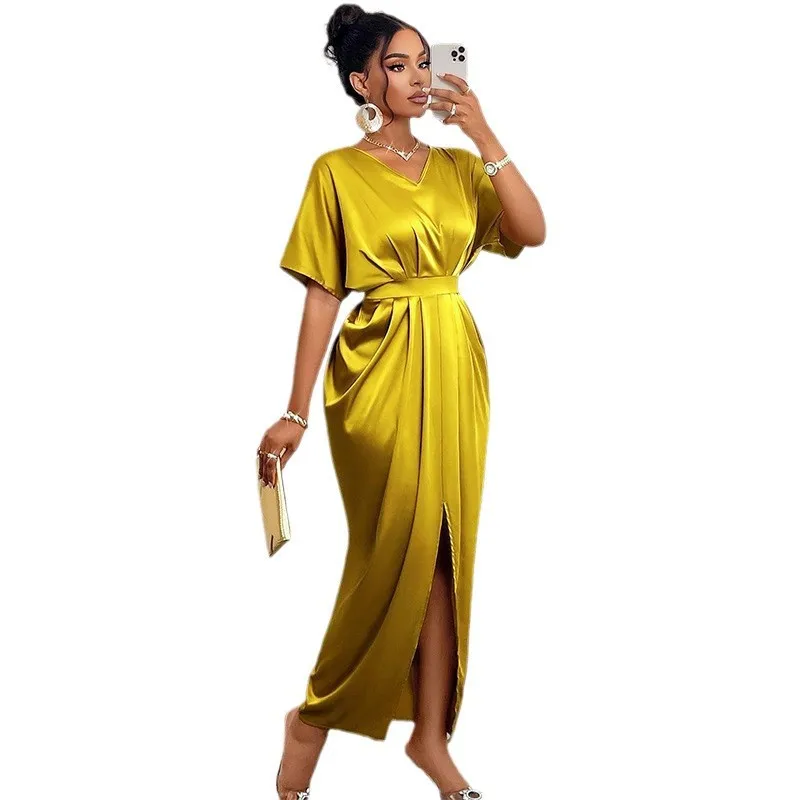 Women's Dress 2025 Spring Style Temperament Elegant V-collar Short Sleeve High Waist Step Split Dress Long Skirt Bodycon Dress - Image 7