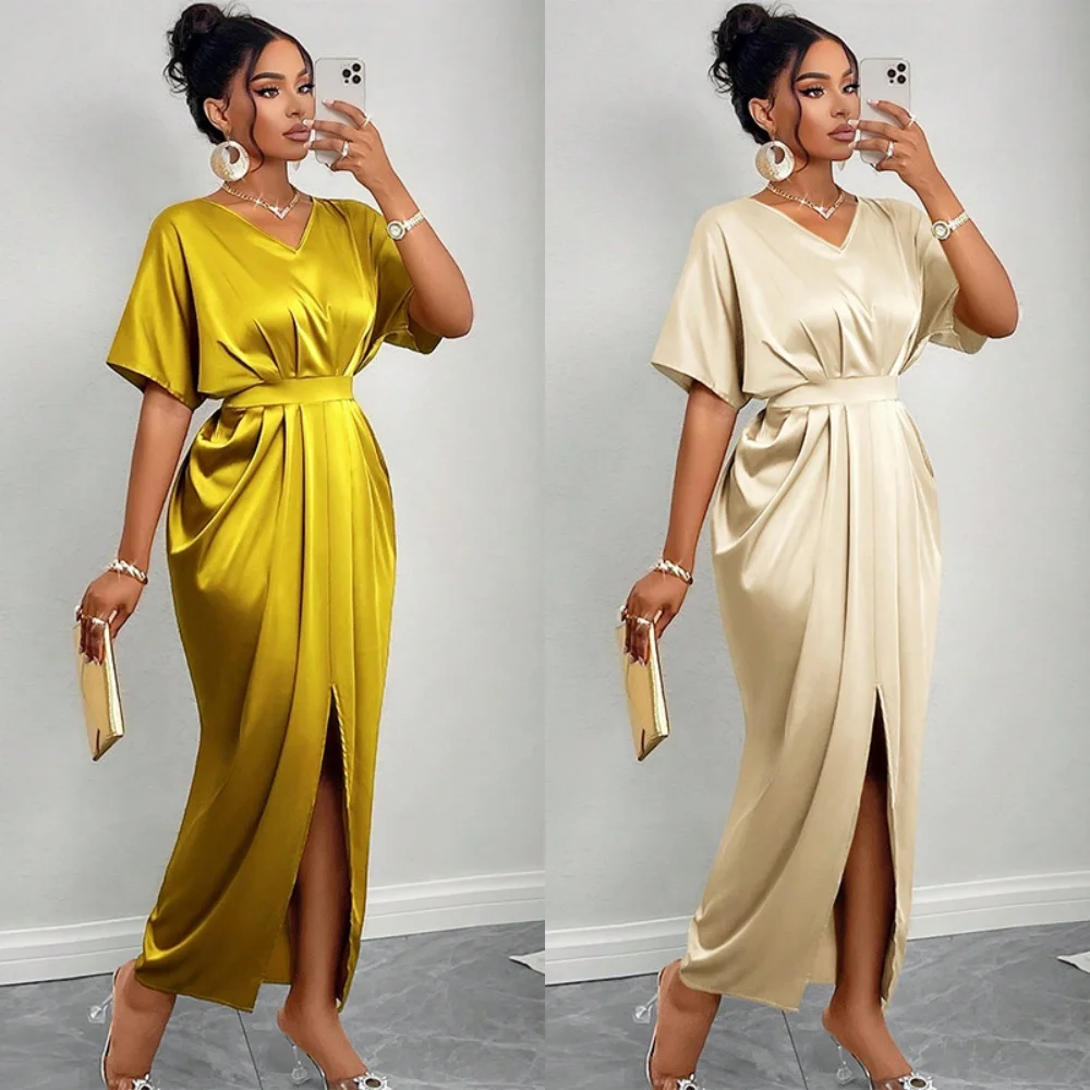 Women's Dress 2025 Spring Style Temperament Elegant V-collar Short Sleeve High Waist Step Split Dress Long Skirt Bodycon Dress - Image 3